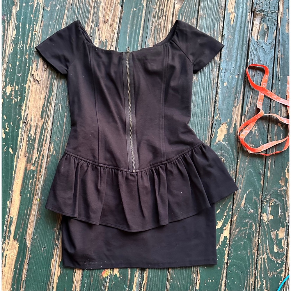 Foley + Corinna Black Peplum Mini Dress Front Zip Short Sleeve Large